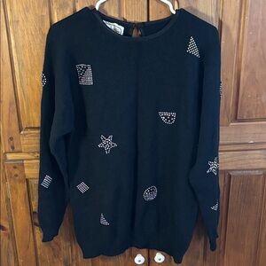 Adrienne Vittadini Women’s Black Rhinestone Embellished Pullover Sweater Size M